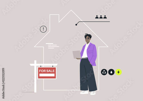 A skilled real estate agent stands confidently beside a vibrant for sale sign, utilizing a laptop to engage potential buyers amidst modern graphic elements expressing urgency and efficiency