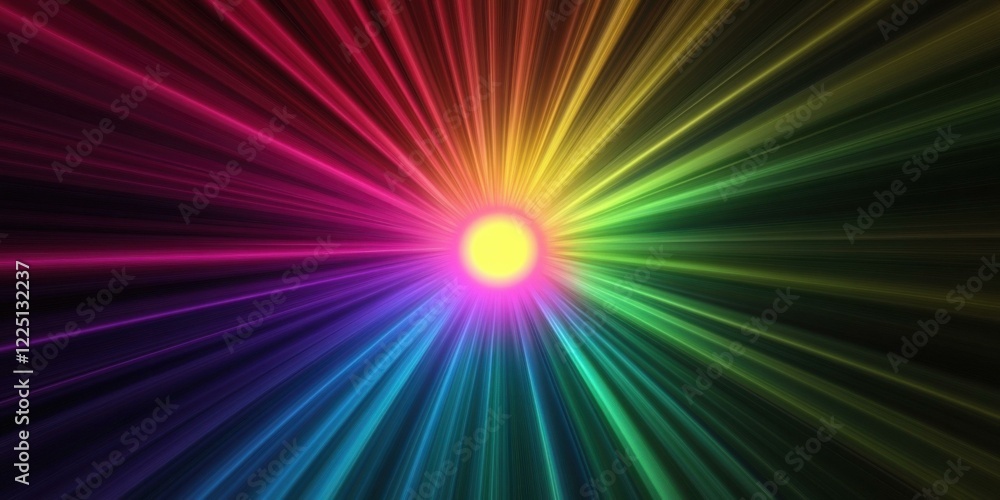 Obraz premium Vibrant abstract image showcasing a radiant burst of colors emanating from a central point. Ideal for use in creative projects, advertising, and digital art.