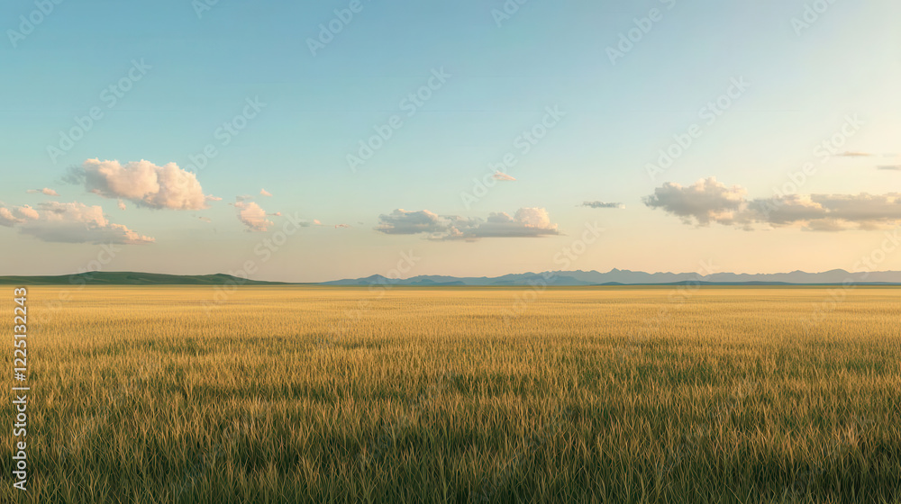 vast grassland under clear blue sky with scattered clouds and distant mountains vast grassland under clear blue sky with scattered clouds and distant mountains