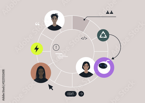 Creative artwork showcases a circular diagram featuring individuals linked through concepts of recycling and energy management, emphasizing collaboration and sustainable practices