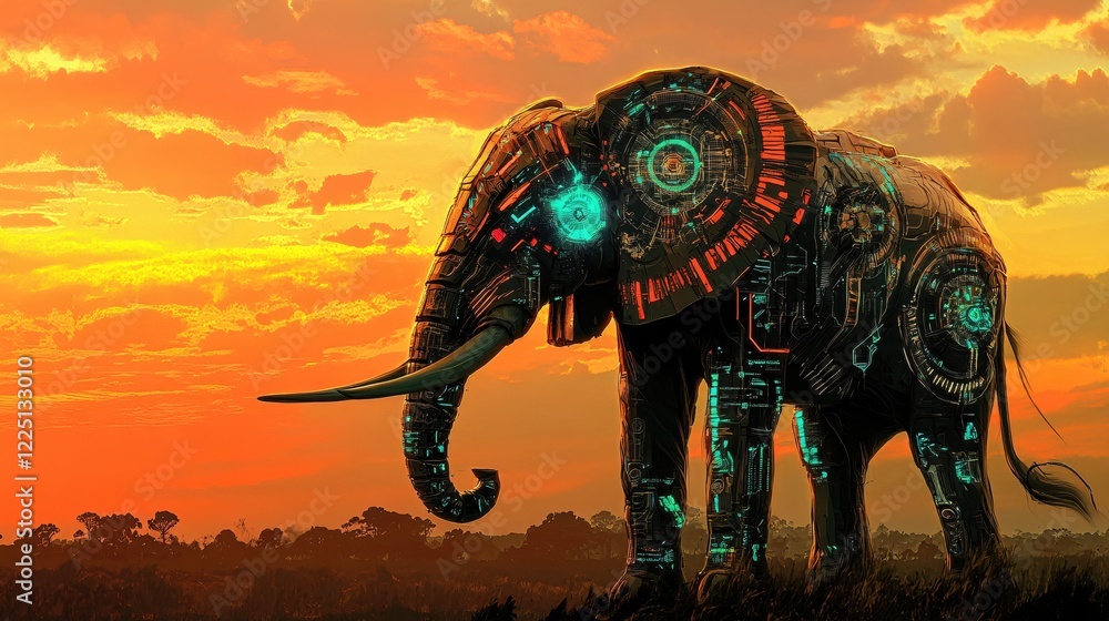 Fototapeta premium Mechanical elephant standing tall against a vibrant orange sunset sky in a savanna landscape