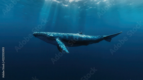 majestic whale swims gracefully in deep blue ocean, illuminated by sun rays