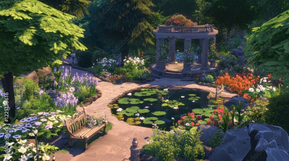 Obraz premium Serene Garden Oasis: A Picturesque Pond and Gazebo