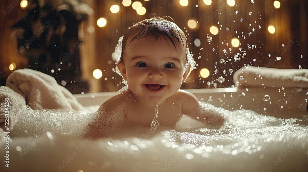 Fototapeta premium Cheerful baby splashing water in a bubble bath, with soft towels and cozy lighting nearby