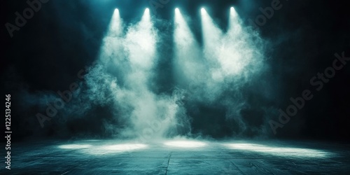 Mysterious stage with dramatic lighting and fog, ideal for music events, theatrical performances, or promotional materials for entertainment venues. photo