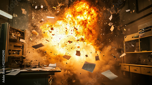 Explosion inside a laboratory with flying debris