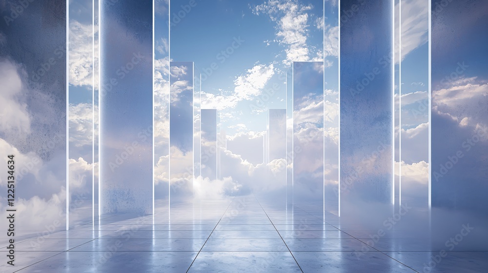 Obraz premium Abstract futuristic architecture with sky and clouds visible through transparent panels and floor