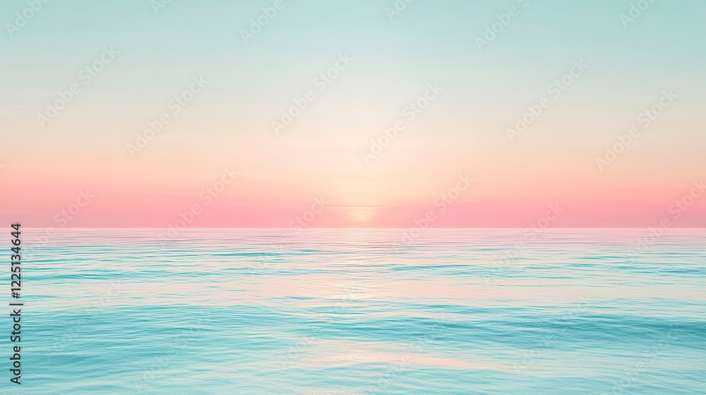 Naklejka premium Pastel pink and blue sunset over calm ocean water. Soft light, tranquil atmosphere. Minimalist seascape with subtle texture. Perfect for serenity