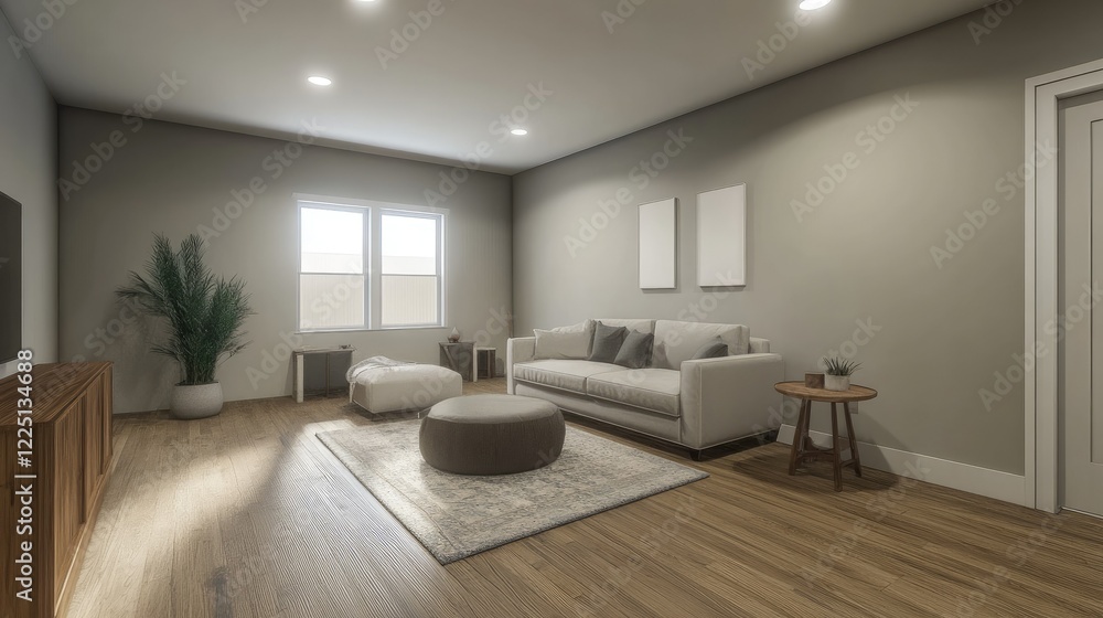 Clean and simple living room design with a mock-up wall, comfortable furniture, and bright lighting Clean and simple living room design with a mock-up wall, comfortable furniture, and bright lighting