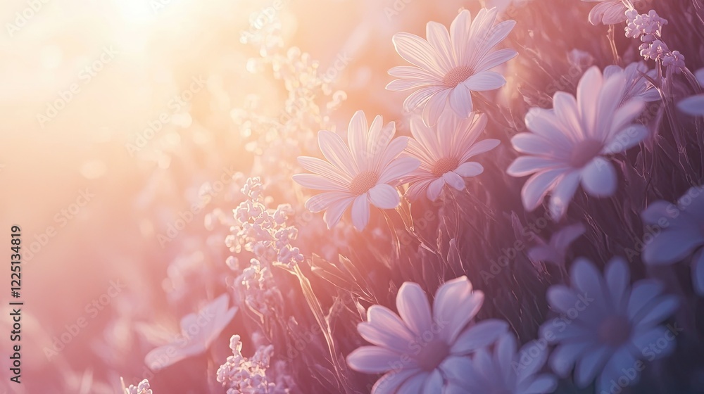 Close-up of daisies in a spring field, with soft sunlight enhancing the seamless floral texture Close-up of daisies in a spring field, with soft sunlight enhancing the seamless floral texture