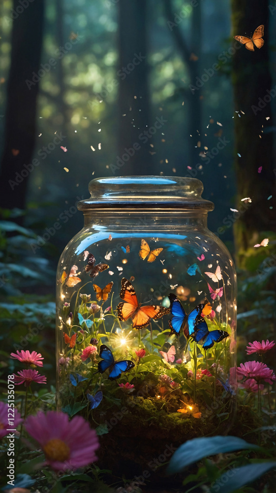 Dreamlike Forest with a Glass Jar Containing Butterflies and Gorgeous Spring Flowers wallpaper aesthetic for social media Dreamlike Forest with a Glass Jar Containing Butterflies and Gorgeous Spring Flowers wallpaper aesthetic for social media