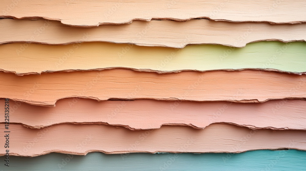 Fototapeta premium Colorful layers of torn paper with textured edges in soft pastel hues