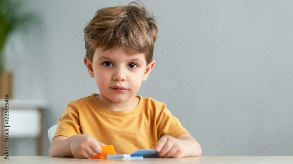 young boy in yellow shirt is playing memory card game at table, focusing intently. background is clear, with hint of greenery, creating calm atmosphere young boy in yellow shirt is playing memory card game at table, focusing intently. background is clear, with hint of greenery, creating calm atmosphere