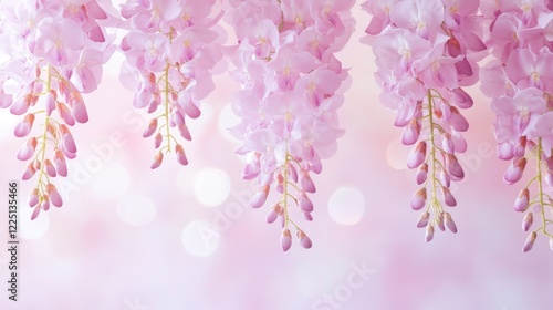 Delicate pink wisteria blossoms with soft bokeh background