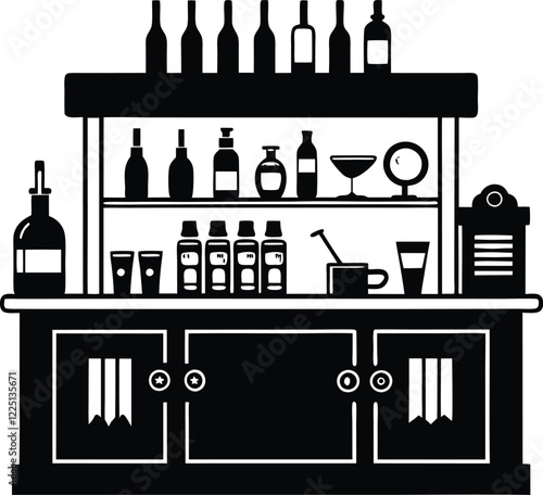 Black and white silhouette of a hotel club bar scene with guests