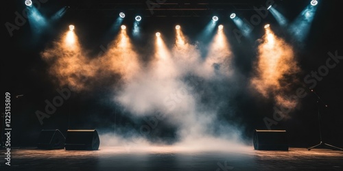 A dramatic stage scene with illuminated lights and fog, perfect for promoting concerts, music events, and theatrical performances.