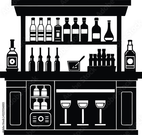 Black and white silhouette of a hotel club bar scene with guests