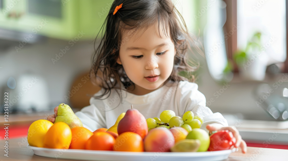 young girl arranges colorful fruits on table in bright kitchen, focusing intently young girl arranges colorful fruits on table in bright kitchen, focusing intently