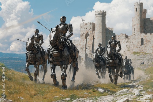 Robots are riding on horses towards a castle. On the bastions of the castle, some robots are trying to protect the castle by taking cover with arrows. There are robots hit by arrows shot from above.  photo