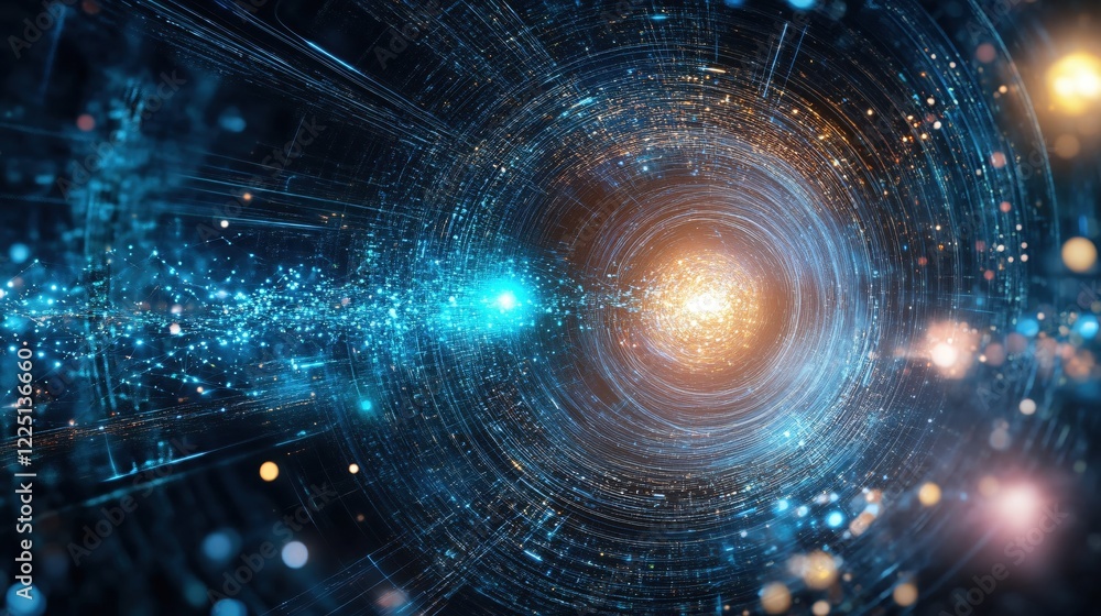 Obraz premium Abstract digital art with glowing blue and orange lights forming a swirling vortex effect