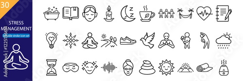 Diverse icons illustrating stress management techniques and wellness activities