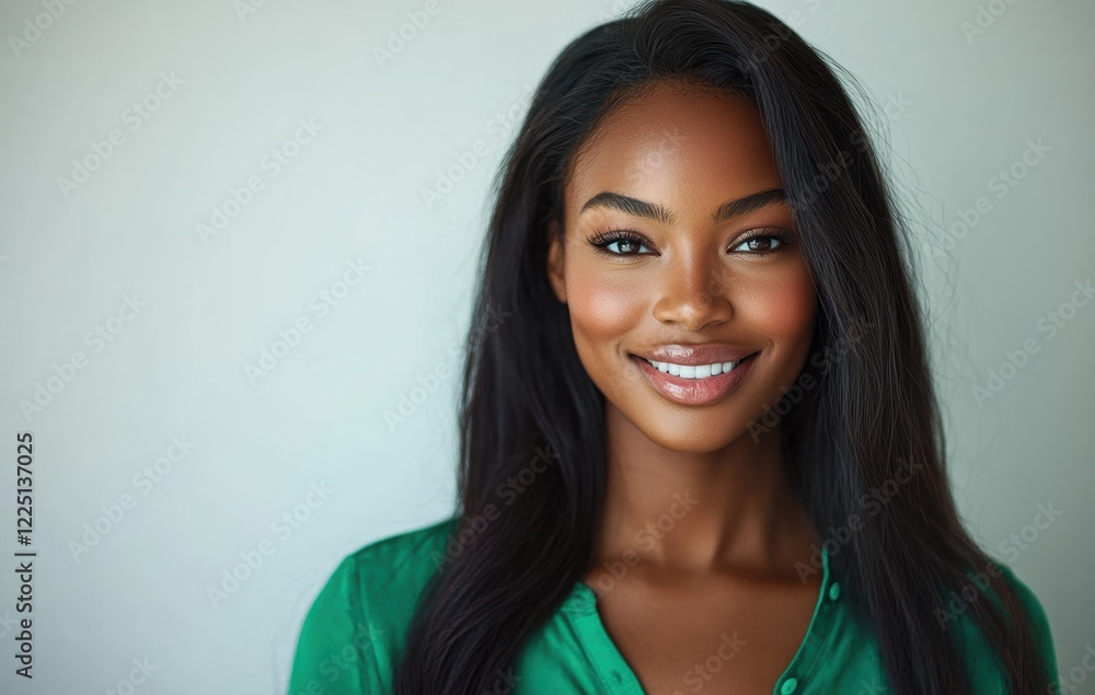 A close up of a happy smiling portrait black woman with simple hair and a joyful smile in a vivid colorful shirt on clear white background. A close up of a happy smiling portrait black woman with simple hair and a joyful smile in a vivid colorful shirt on clear white background.