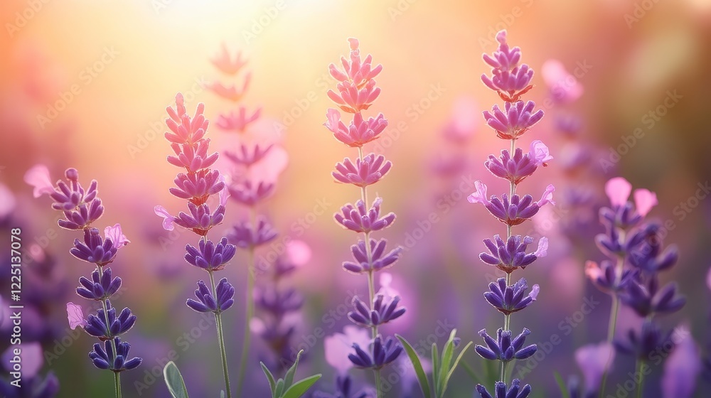 Fototapeta premium Purple lavender flowers in a field at sunset. Warm light illuminates the blossoms, creating a serene and peaceful atmosphere. Soft focus and shallow
