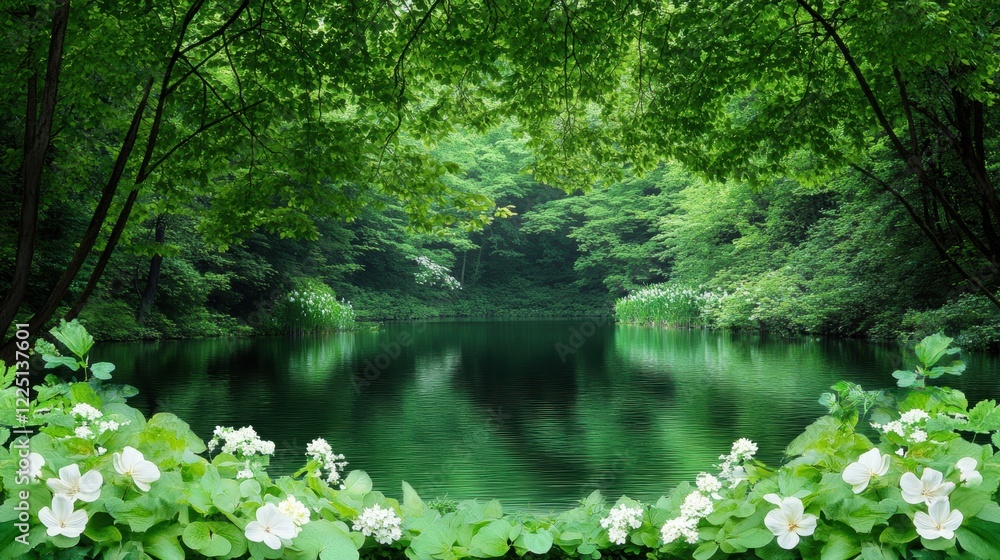 Serene forest lake with vibrant greenery and white flowers framing tranquil water surface Serene forest lake with vibrant greenery and white flowers framing tranquil water surface