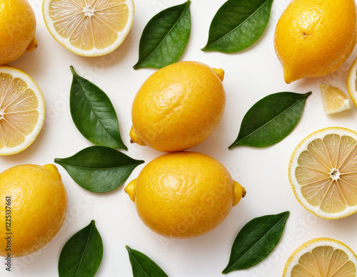 Wallpaper Mural Fresh lemons, peels and green leaves on white background Torontodigital.ca