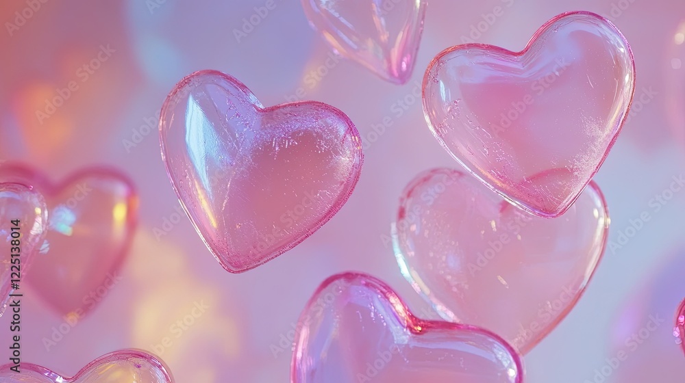 Fototapeta premium Floating pink heart-shaped hologram stickers against a soft pink background, creating a dreamy atmosphere