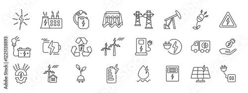 Electricity icons set. Energy, hydroelectric power, electrical panel, recycling, renewable energy, battery, plug. Vector