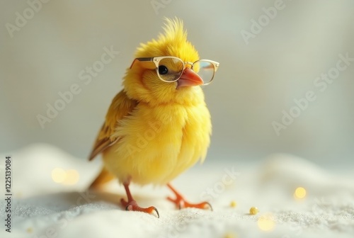 A tiny yellow bird wearing spectacles, perched on a soft white surface, amidst subtle light bokeh