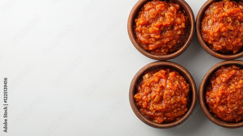 Delicious Spicy Red Sauce in Traditional Clay Bowls on White Surface Delicious Spicy Red Sauce in Traditional Clay Bowls on White Surface