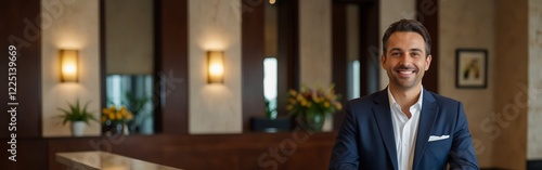 Confident and happy hotel manager at the reception desk