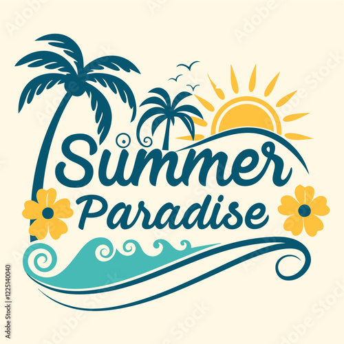 Illustration of Tropical Summer Vacation with Palm Trees, Beach, and Sun