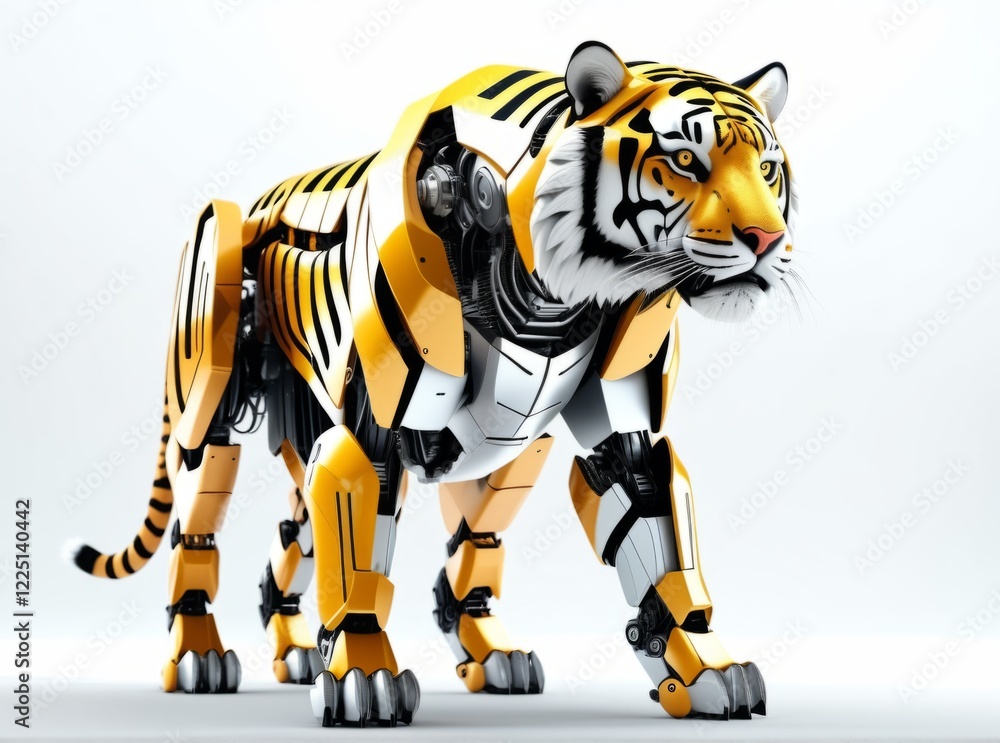 Robotic tiger with a striking design walking on a plain surface in a futuristic setting Robotic tiger with a striking design walking on a plain surface in a futuristic setting