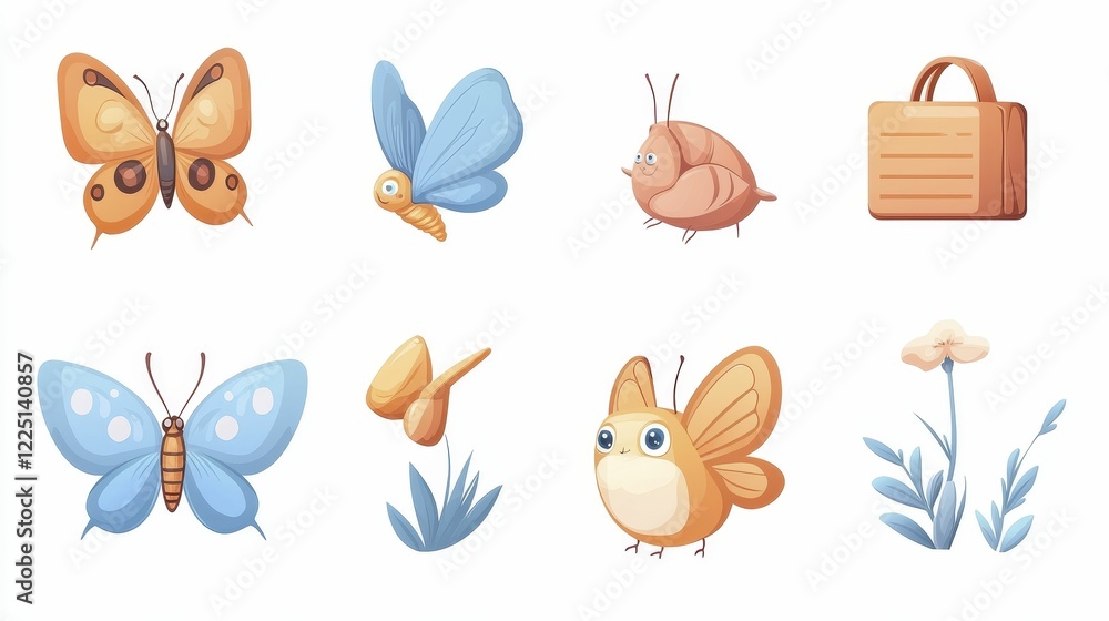 A whimsical illustration featuring colorful butterflies, a snail, a bag, a bird, and flowers, evoking a cheerful nature theme. A whimsical illustration featuring colorful butterflies, a snail, a bag, a bird, and flowers, evoking a cheerful nature theme.