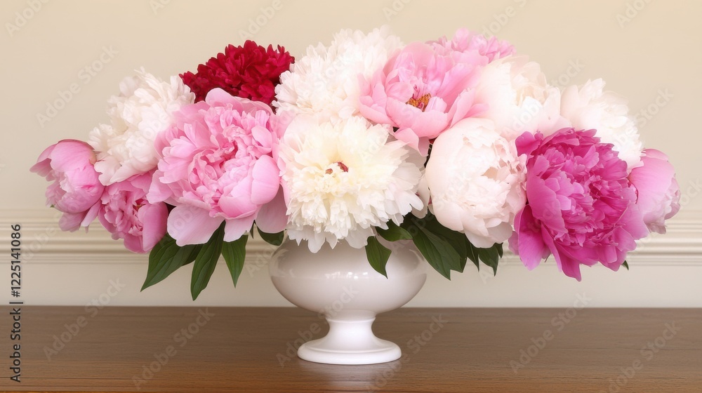 Fototapeta premium Elegant peony bouquet in white vase on wooden surface