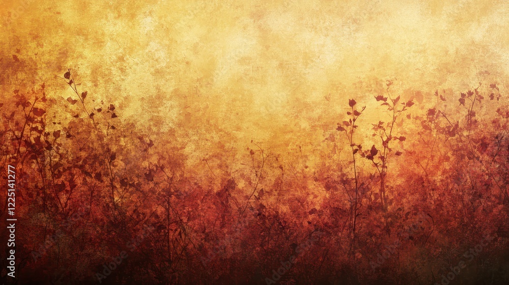 Abstract landscape image featuring a textured background in warm autumnal tones of gold, orange, and brown. Silhouetted plants are visible against Abstract landscape image featuring a textured background in warm autumnal tones of gold, orange, and brown. Silhouetted plants are visible against