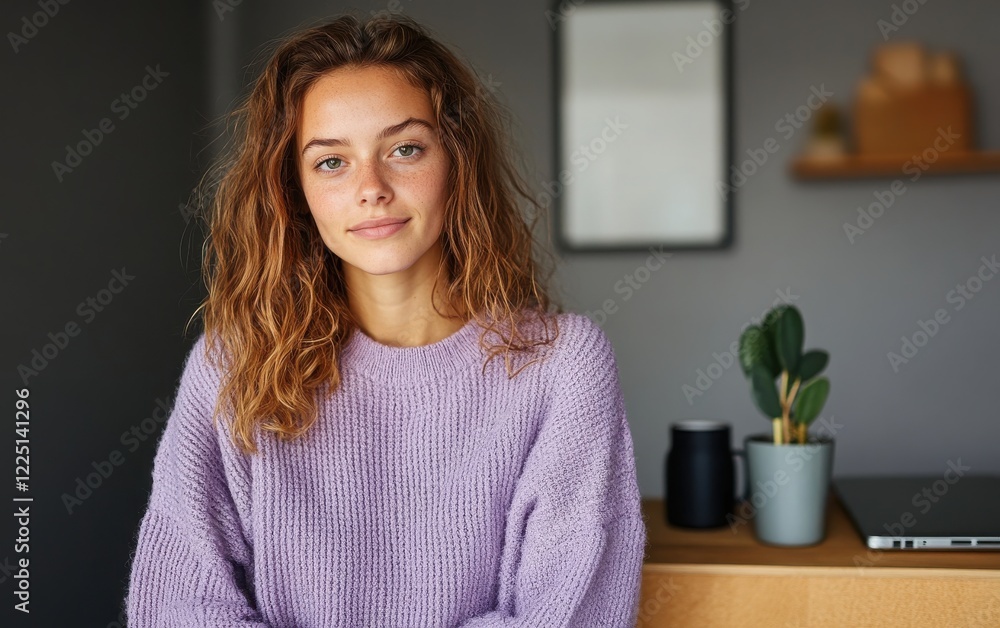 A young woman with wavy hair in a lavender sweater, standing beside a minimalistic desk with a laptop, coffee cup, and a small plant. A young woman with wavy hair in a lavender sweater, standing beside a minimalistic desk with a laptop, coffee cup, and a small plant.