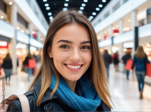 Bright smile of a young woman in a busy shopping mall during daylight hours