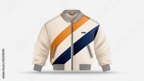 Stylish White Bomber Jacket with Orange and Navy Stripe Design for Fashion Enthusiasts photo