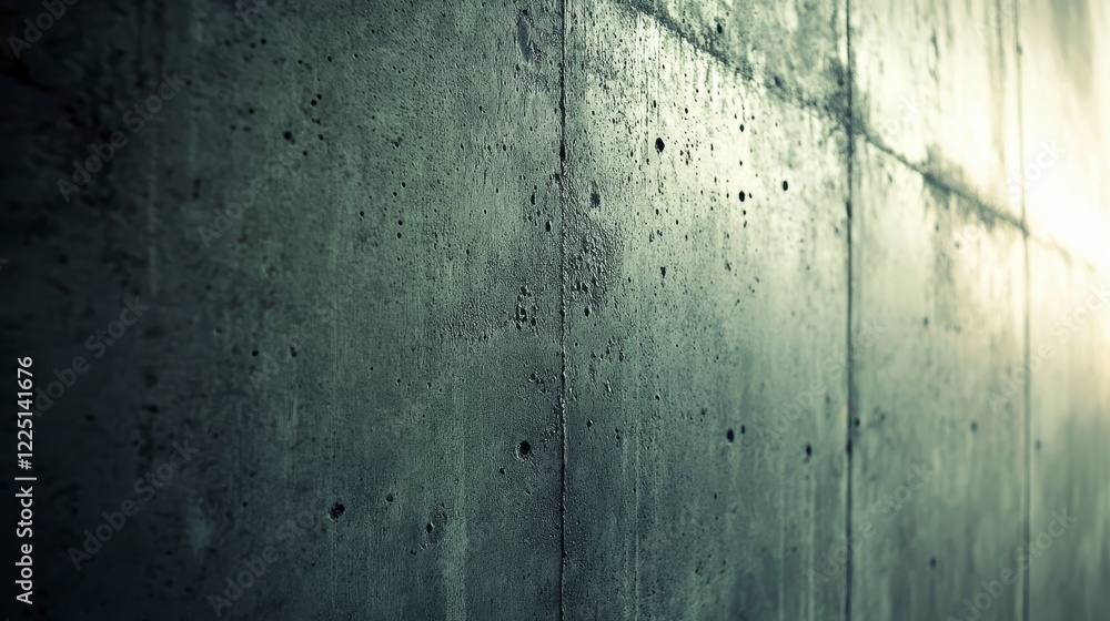 Fototapeta premium Close up view of a textured concrete wall with varying shades of gray and subtle light variations creating a dramatic effect. The image emphasizes