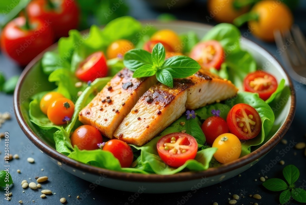Grilled fish fillets atop fresh green salad with colorful cherry tomatoes and basil Grilled fish fillets atop fresh green salad with colorful cherry tomatoes and basil