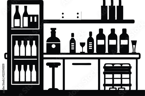 Black and white silhouette of a hotel club bar scene with guests man and woman