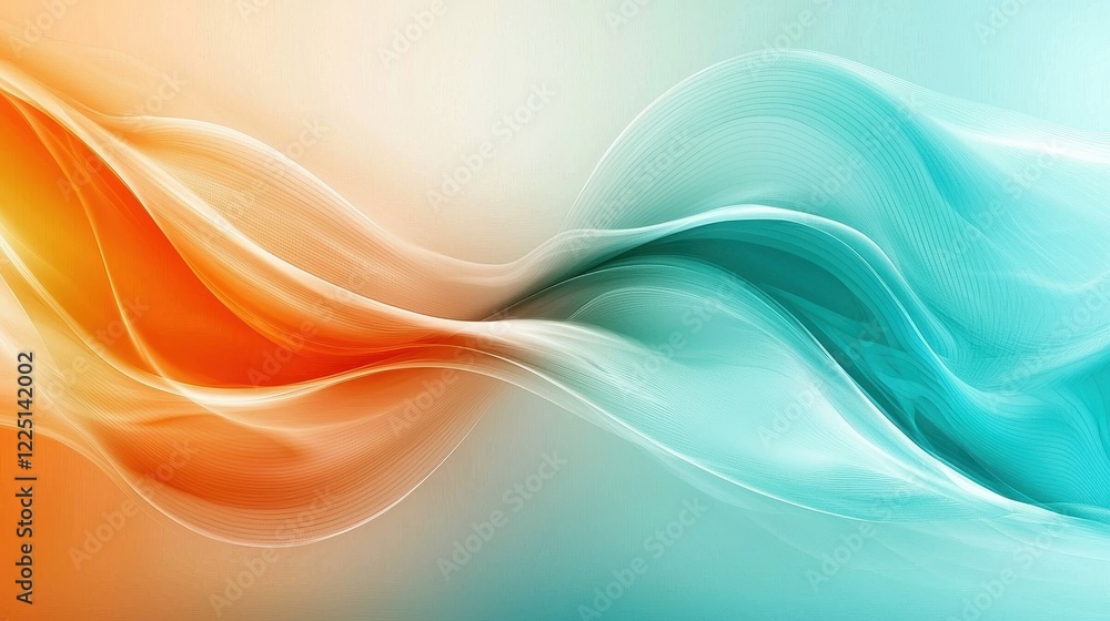Naklejka premium Abstract flow of orange and turquoise waves on soft gradient background