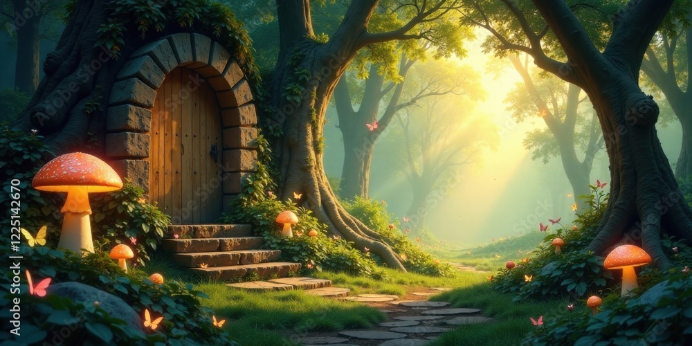 Fototapeta premium Enchanted Woodland Path Leading to Mysterious Stone Doorway in Sun-Dappled Forest with Glowing Mushrooms and Butterflies