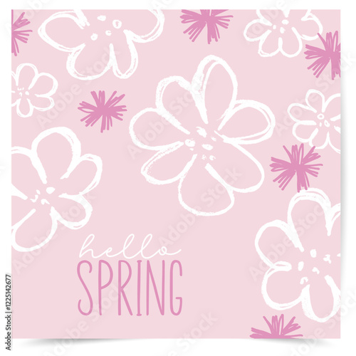 Hello Spring. Trendy design with spring flower in pink. Great for seasonal posters, greeting cards, banners or invitations.