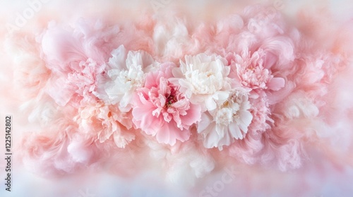 Delicate pink and white flower arrangement blending seamlessly with soft pastel clouds