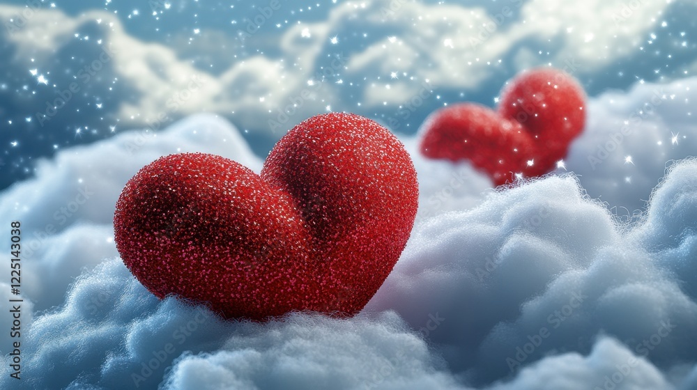 A dreamy composition of red hearts with glitter details, nestled in soft clouds, exuding romance and charm.